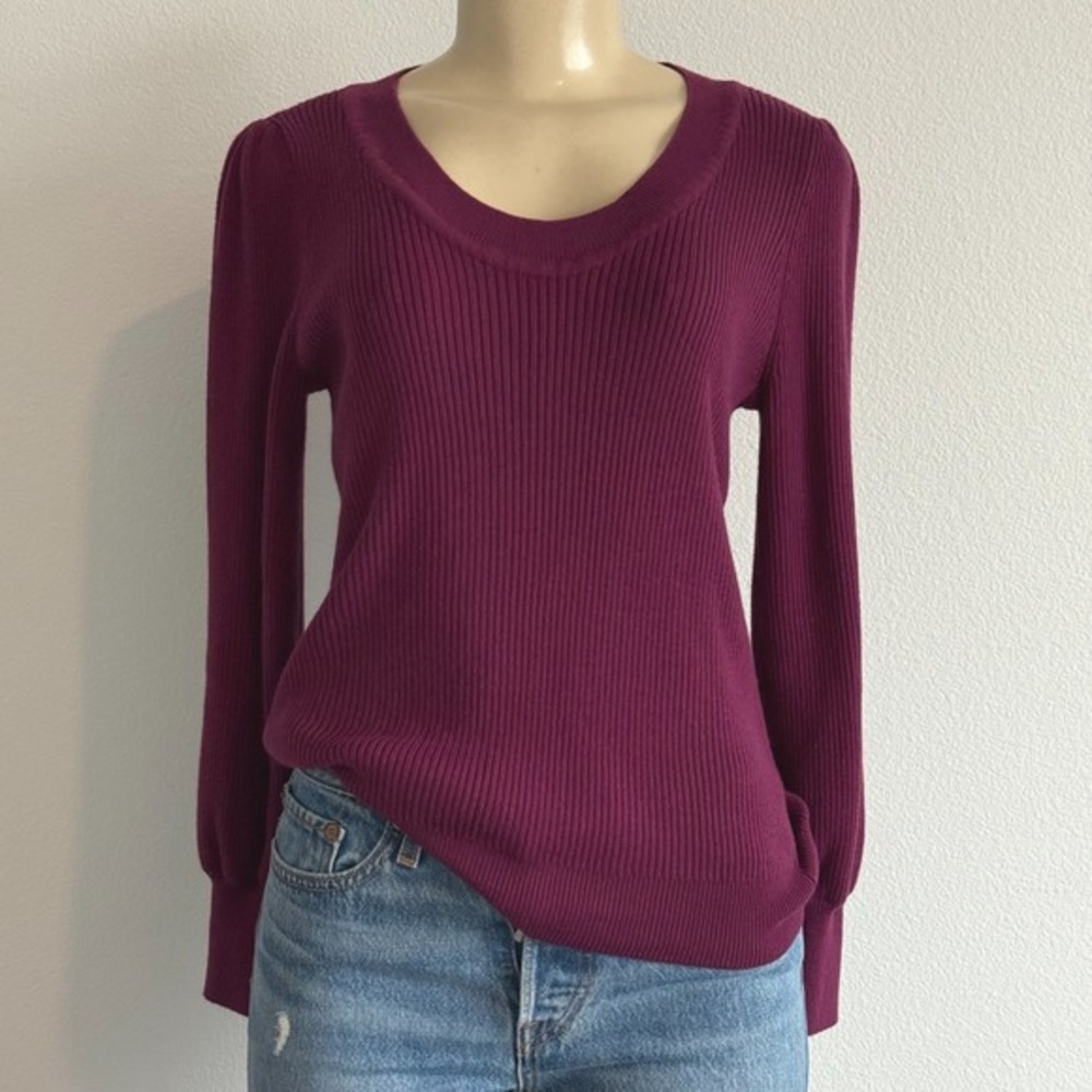 LOFT Ribbed Puff Sleeve Sweater SP Purple Academia Coquette Scoop Neck Knit Top